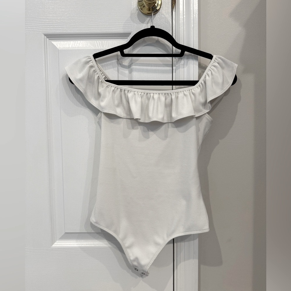 Express White Ruffled Off-Shoulder Bodysuit